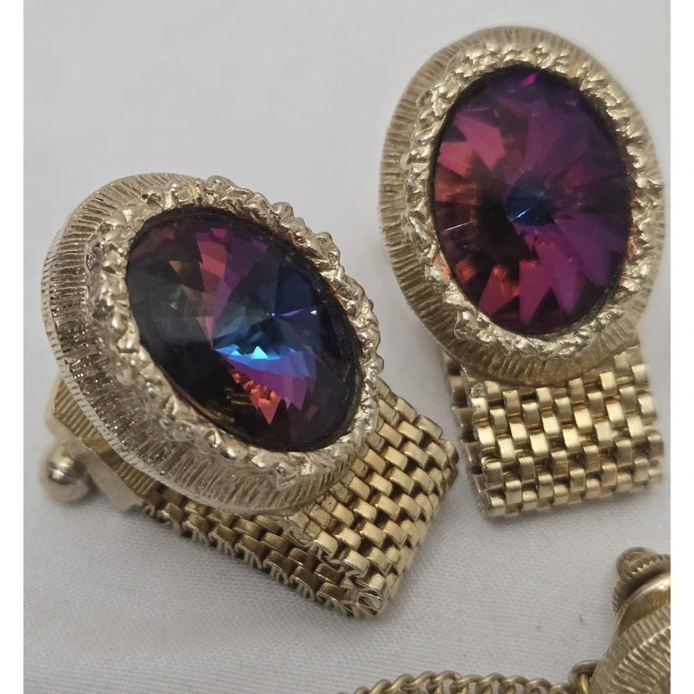 Vintage SWANK Mesh Wrap Around Cufflinks & Tie Tack Set Watermelon Rivoli AB...